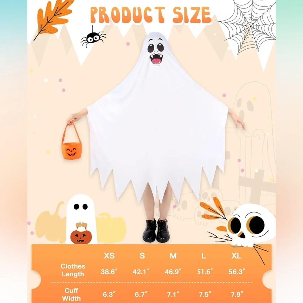 Halloween Ghost Costume Kids White Fancy Spooky Robe Boy/Girl Dress Suit size XL